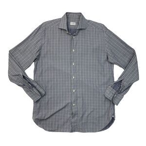 Ermenegildo Zegna Shirt Men 16 Windsor Blue White Plaid Cotton Long Sleeve Dress